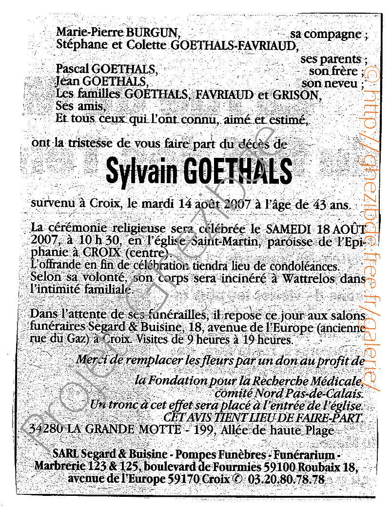 Sylvain GOETHALS, décédé à Croix, le 11 Août 2007 (43 ans).